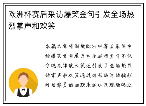 欧洲杯赛后采访爆笑金句引发全场热烈掌声和欢笑